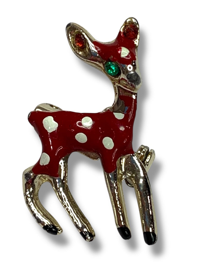 Vintage Fawn Deer Enamel Pin Brooch Small 1.25 Inch Red
