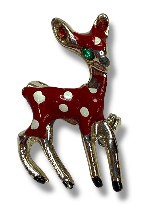 Vintage Fawn Deer Enamel Pin Brooch Small 1.25 Inch Red