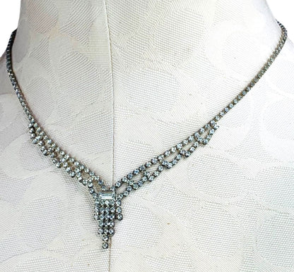 Vintage Rhinestone Swag Necklace 16.5 Inch Silvertone Hook Clasp