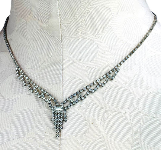 Vintage Rhinestone Swag Necklace 16.5 Inch Silvertone Hook Clasp