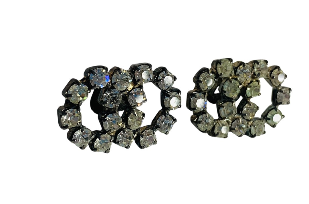 Vintage Pair Shoe Clips Rhinestone Silvertone Adjoining Circles .75 x 1 Inch