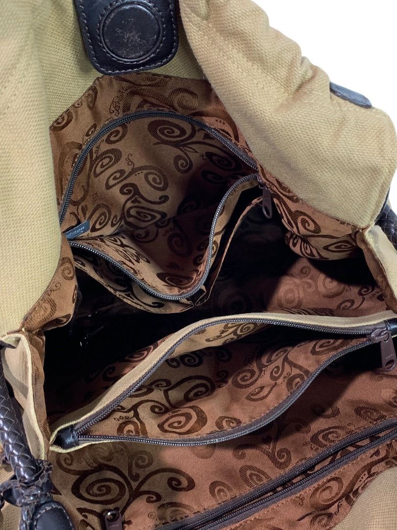 Brighton Canvas Shoulder Bag Brown Embroidered Hobo Heart Charm Large Tote