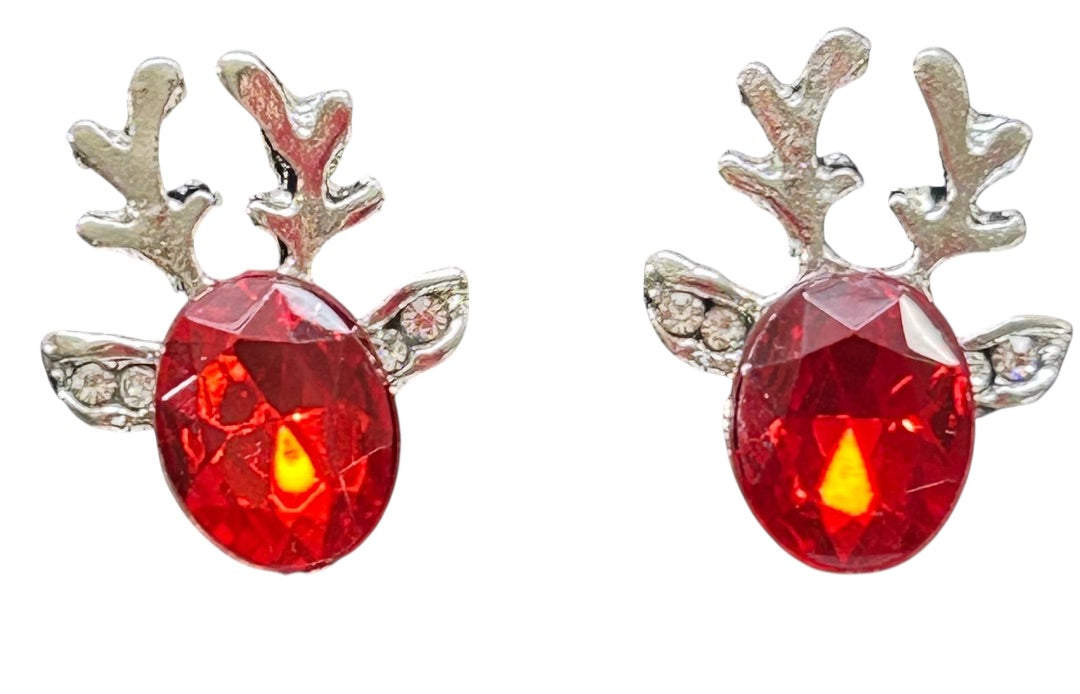 Silvertone Red Reindeer Earrings Post Pierced Sparkle .6 Inch