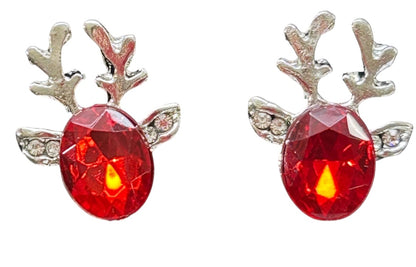 Silvertone Red Reindeer Earrings Post Pierced Sparkle .6 Inch