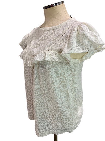 XS Loft Womens Ivory Lace Sheer Blouse Top Shirt Short Sleeve