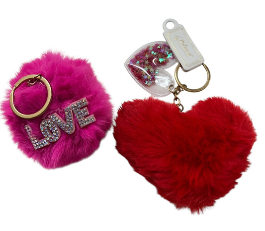 Set of 2 Puffy Plush Keyring Key Chains Red Heart Pink Love