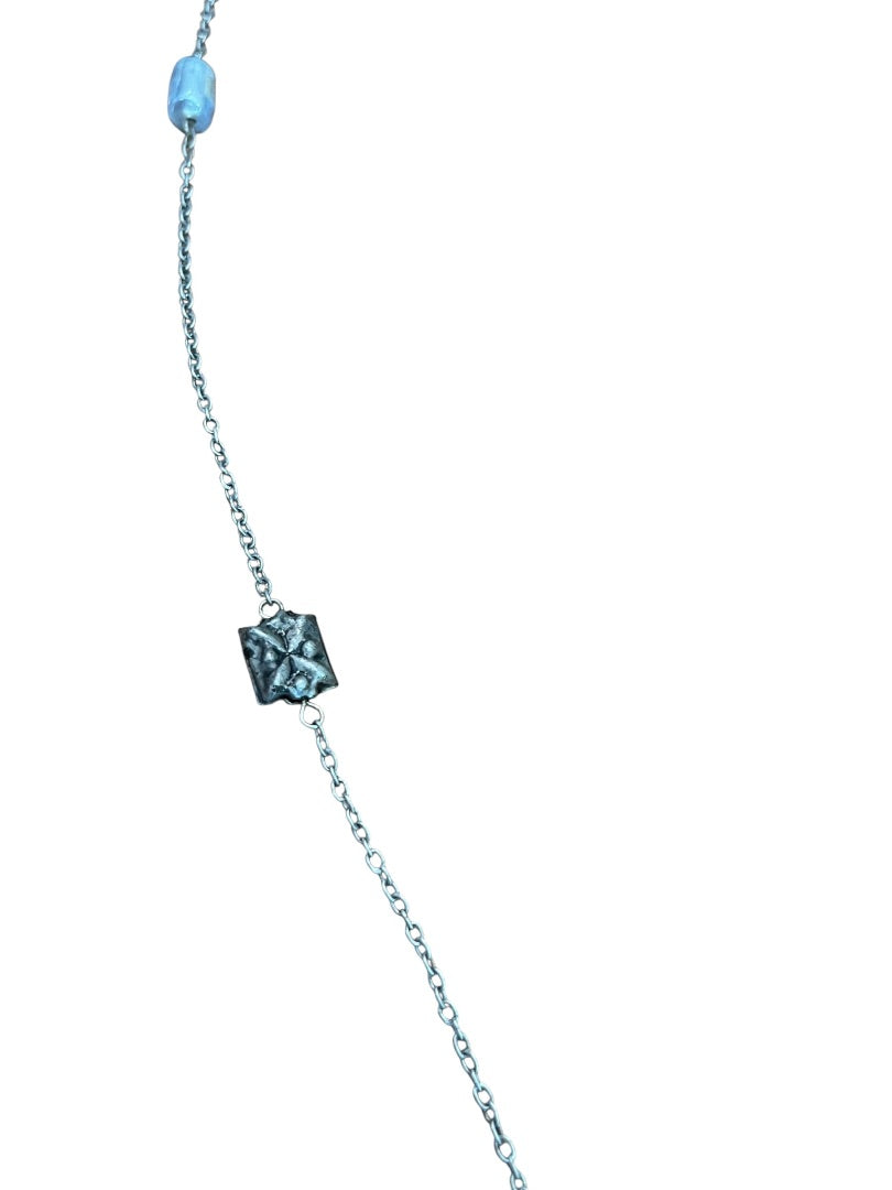 Small Blue Bead and Silvertone Bead Chain Adjustable Necklace 57 Inch