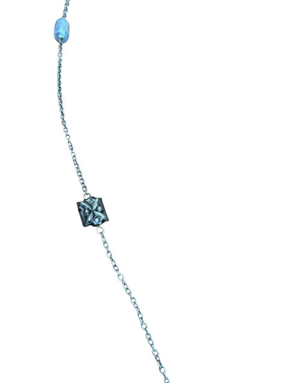 Small Blue Bead and Silvertone Bead Chain Adjustable Necklace 57 Inch