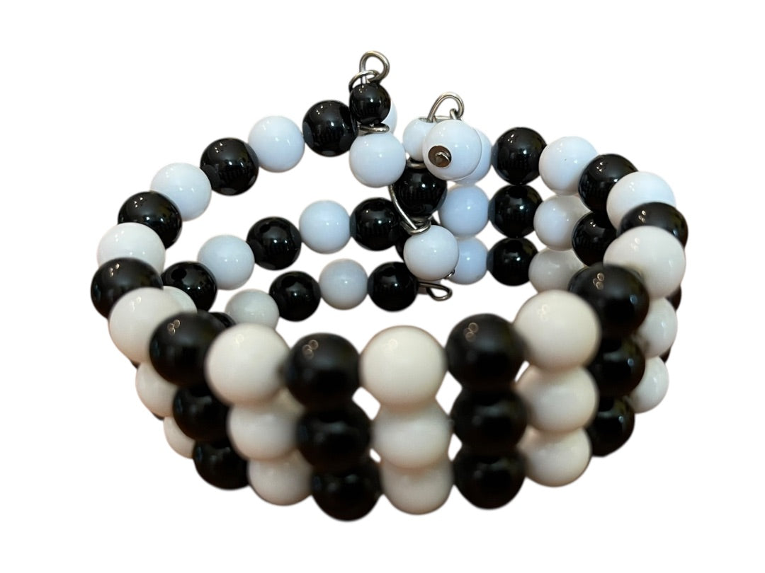 Vintage 3 Strand Black White Beaded Adjustable Cuff Bracelet