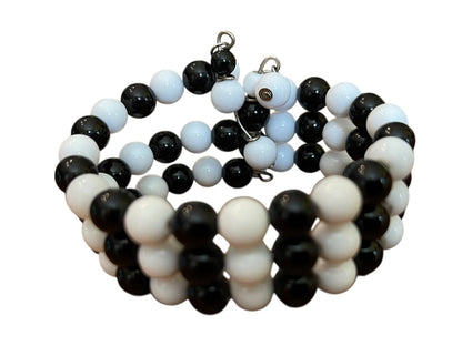 Vintage 3 Strand Black White Beaded Adjustable Cuff Bracelet