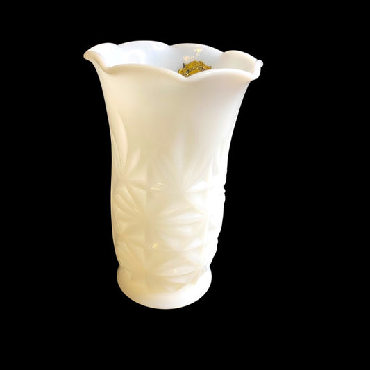 Hazel-Atlas Opaque Milk Glass Vase 5.5" with Sticker Starburst Ruffle Edge
