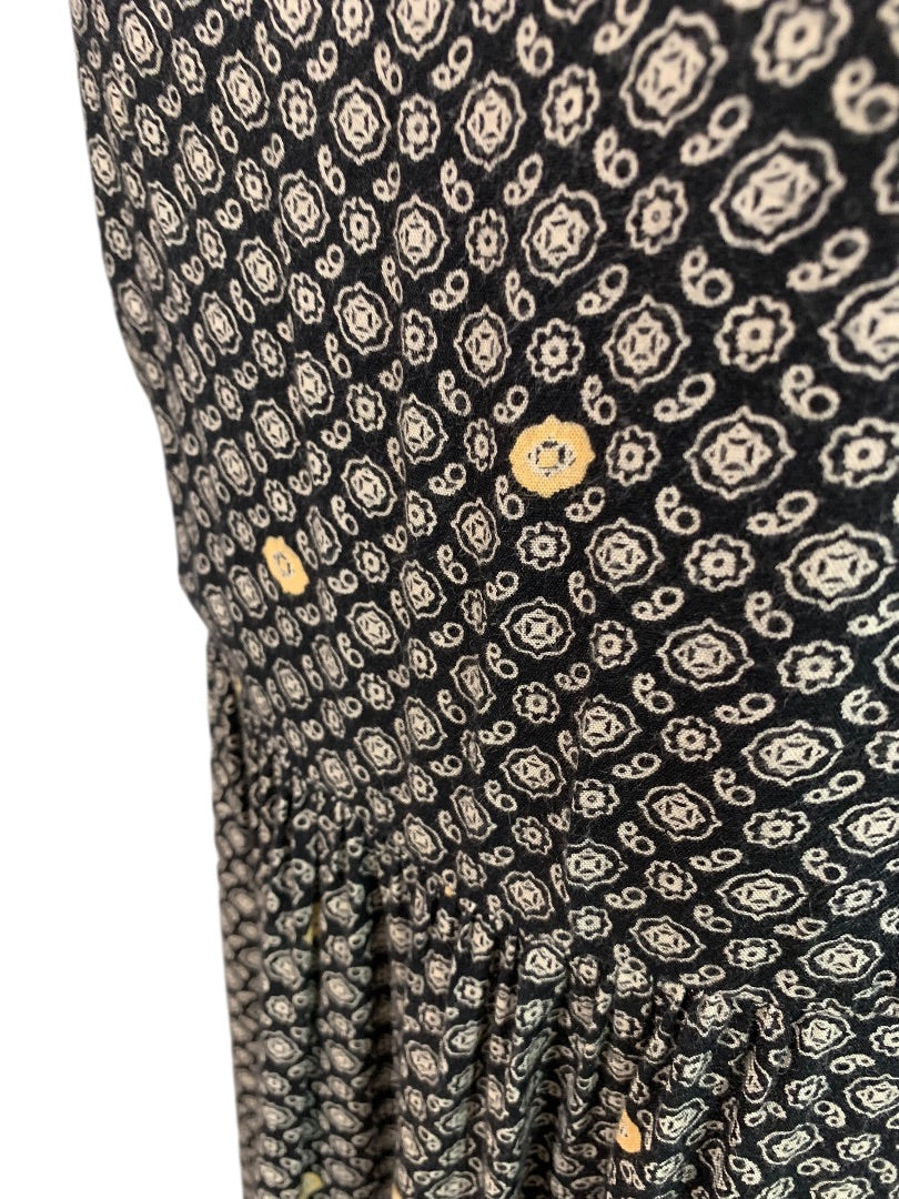 Large Roxy Maxi Dress Side Zip Black Tan Boho Print