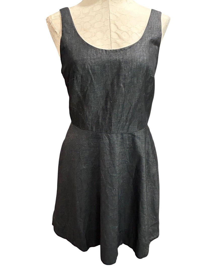 Size 8 Gap Black Denim Sleeveless Dress A-Line Jean Pockets Linen Blend
