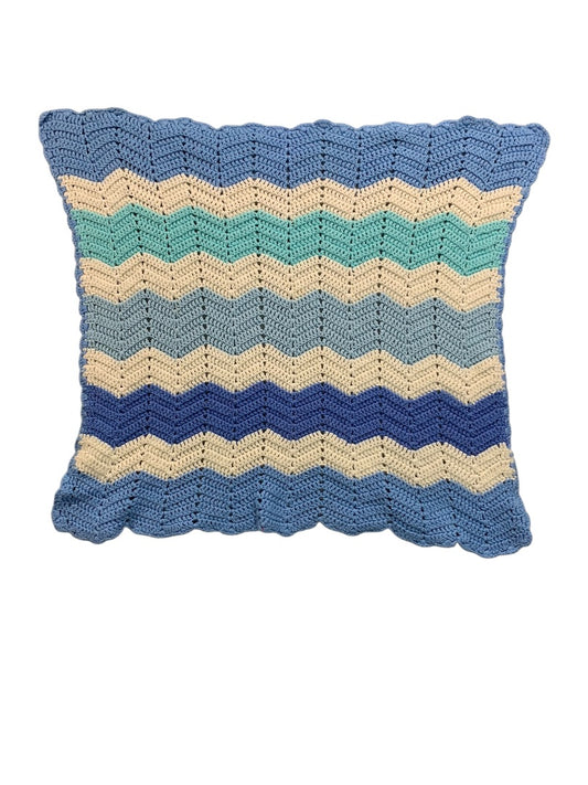 Vintage Crochet Baby Blanket Chevron Blue White 26" x 32"