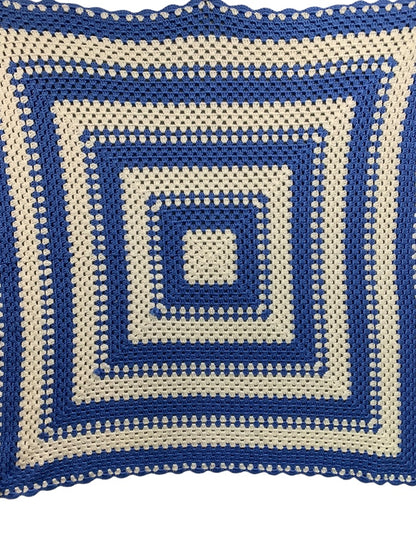 Vintage Crochet Boho Blue White Afghan Blanket Throw 40" Square