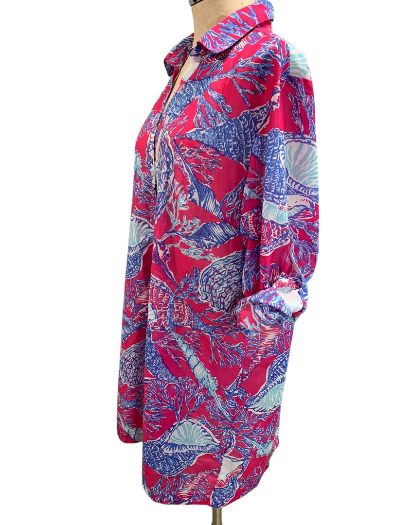 XL Talbots Womens Bathing Cover Up Roll Tab Sleeves Shell Print