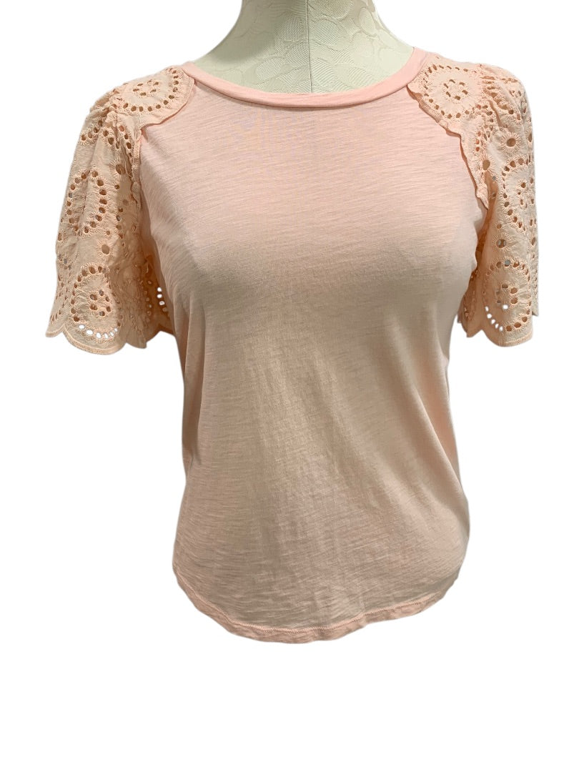 XS Loft Womens Peach Eyelet Sleeve Tshirt Round Neck