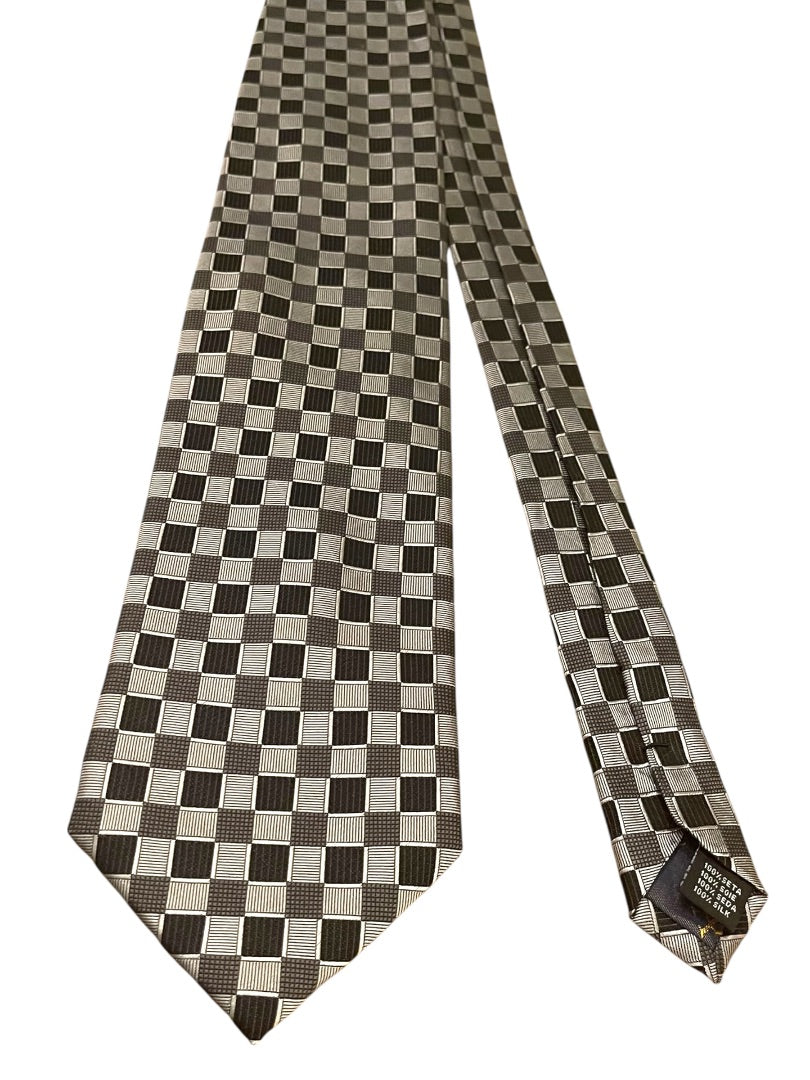 Valerio Garati Pure Silk Hand Made Square Pattern Tie Mens Necktie Black Gray
