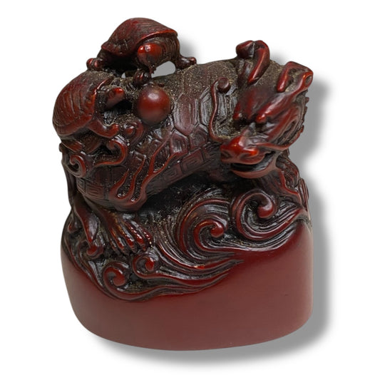 Vintage Red Resin Paperweight Figurine Dragon Turtles 2.5"