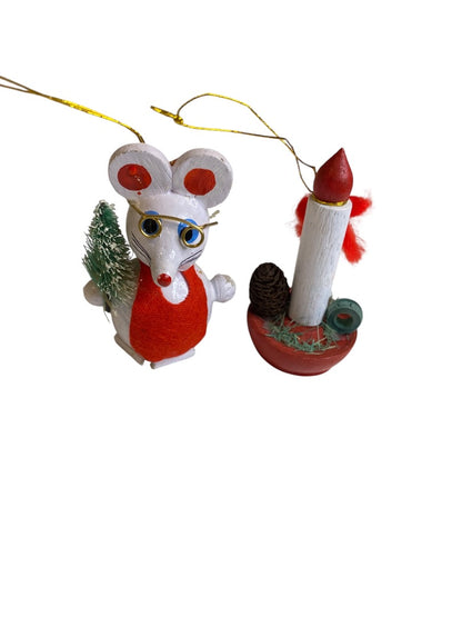 Vintage Wooden Christmas Holiday Ornaments Mouse Candle 2.75"