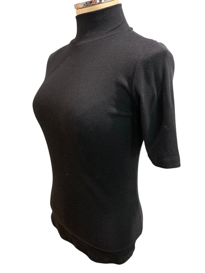 XS Loft Womens Black Ribbed Mock Neck Pullover Shirt Short Sleeve