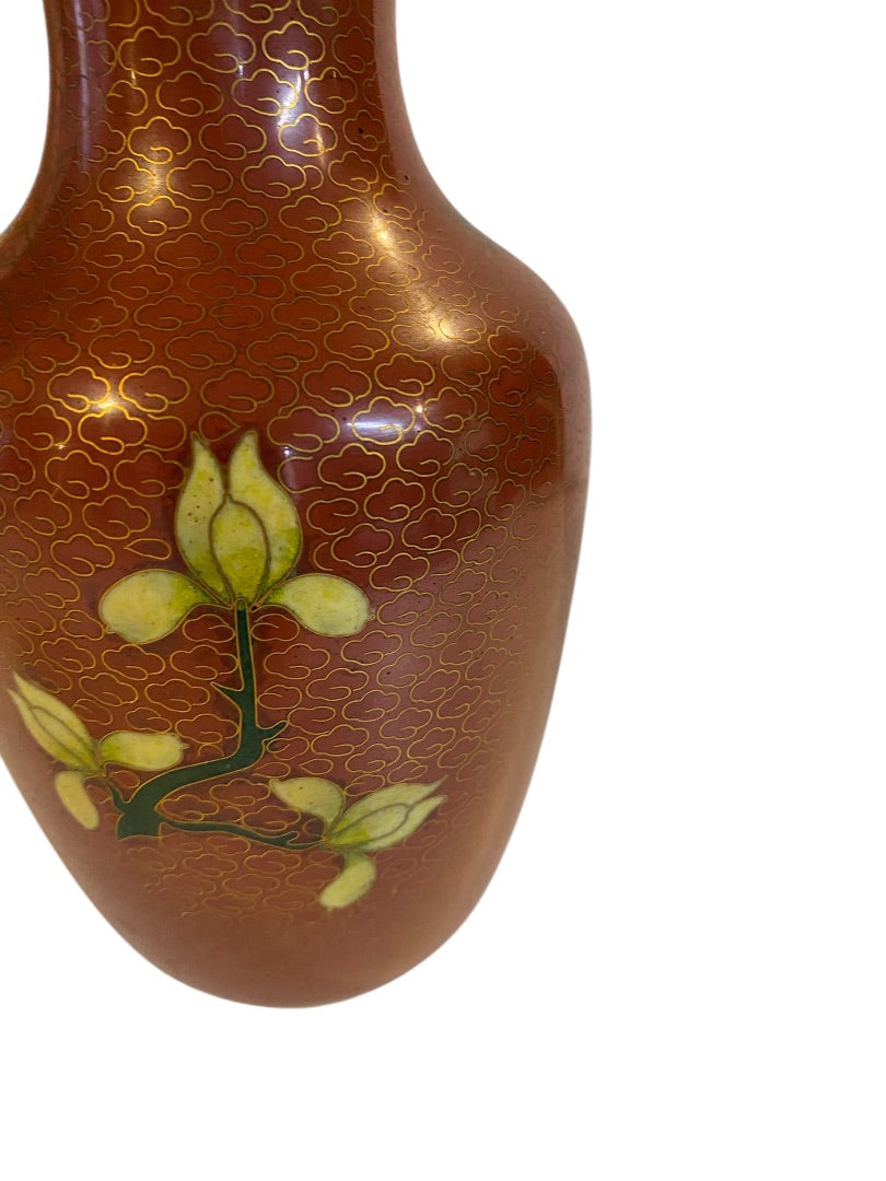 Vintage Oriental Yellow Peonies Enamel Cloisonne Vase 7"