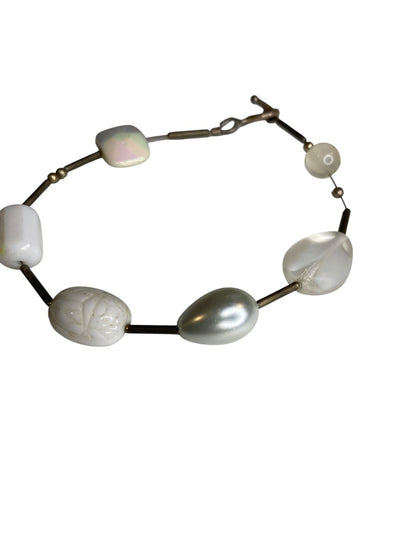 Silvertone and White Beaded Bracelet Toggle Clasp 7.5"