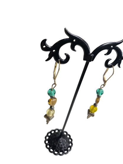 Goldtone Leverback Pierced Earrings 2.25" Beaded Drop Multicolor