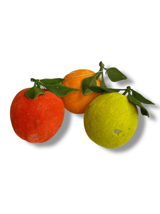 Vintage Flocked Velvet Fruit Set of 3 Ornaments Apples Orange 3 Inch