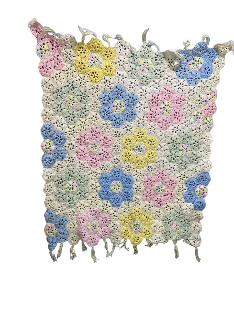 Vintage Crochet Baby Blanket Pastels Floral 40" Square Handmade