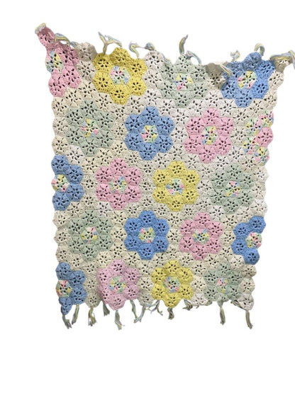 Vintage Crochet Baby Blanket Pastels Floral 40" Square Handmade