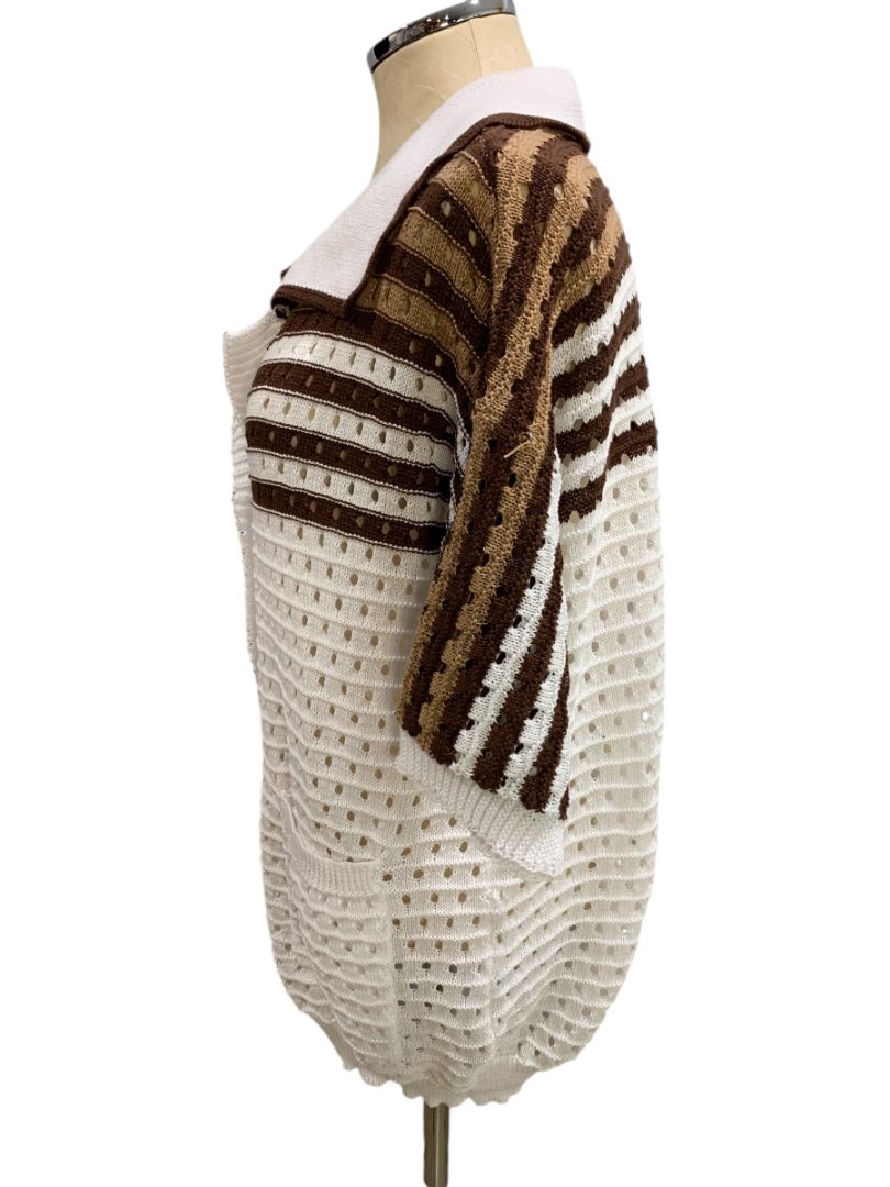 XL Vintage Womens Short Sleeve Loose Knit Collared Cardigan