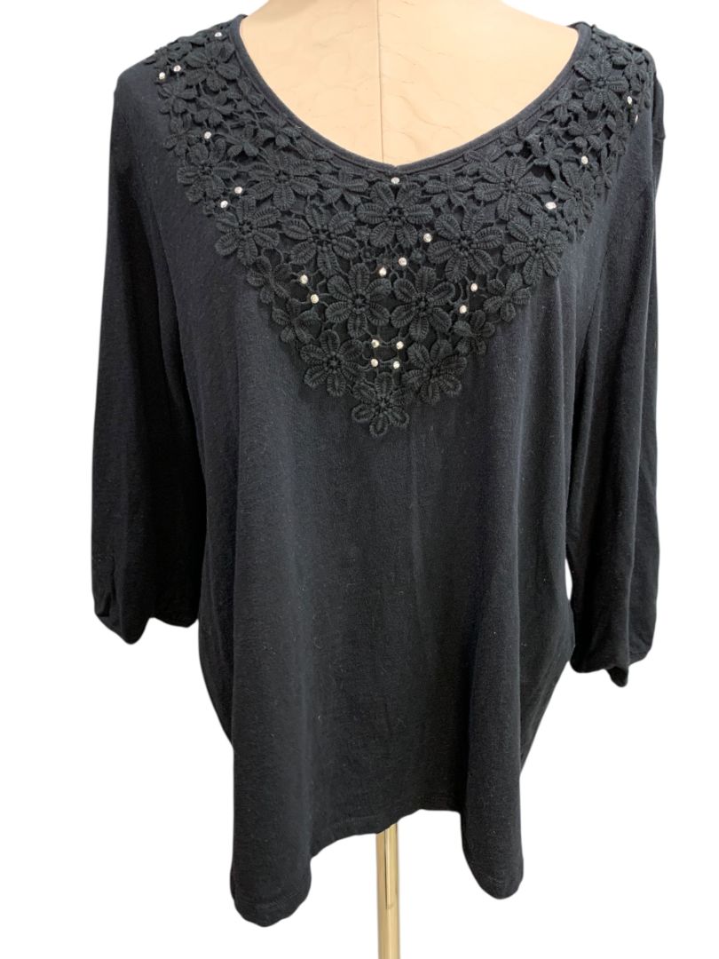 Size 1X Karen Scott Woman Black Crochet Embellished Knit Shirt