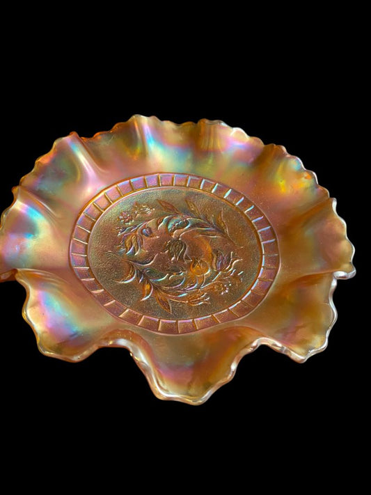 Vintage Dugan Wildflower Marigold Carnival Glass Ruffle 8.75" Bowl