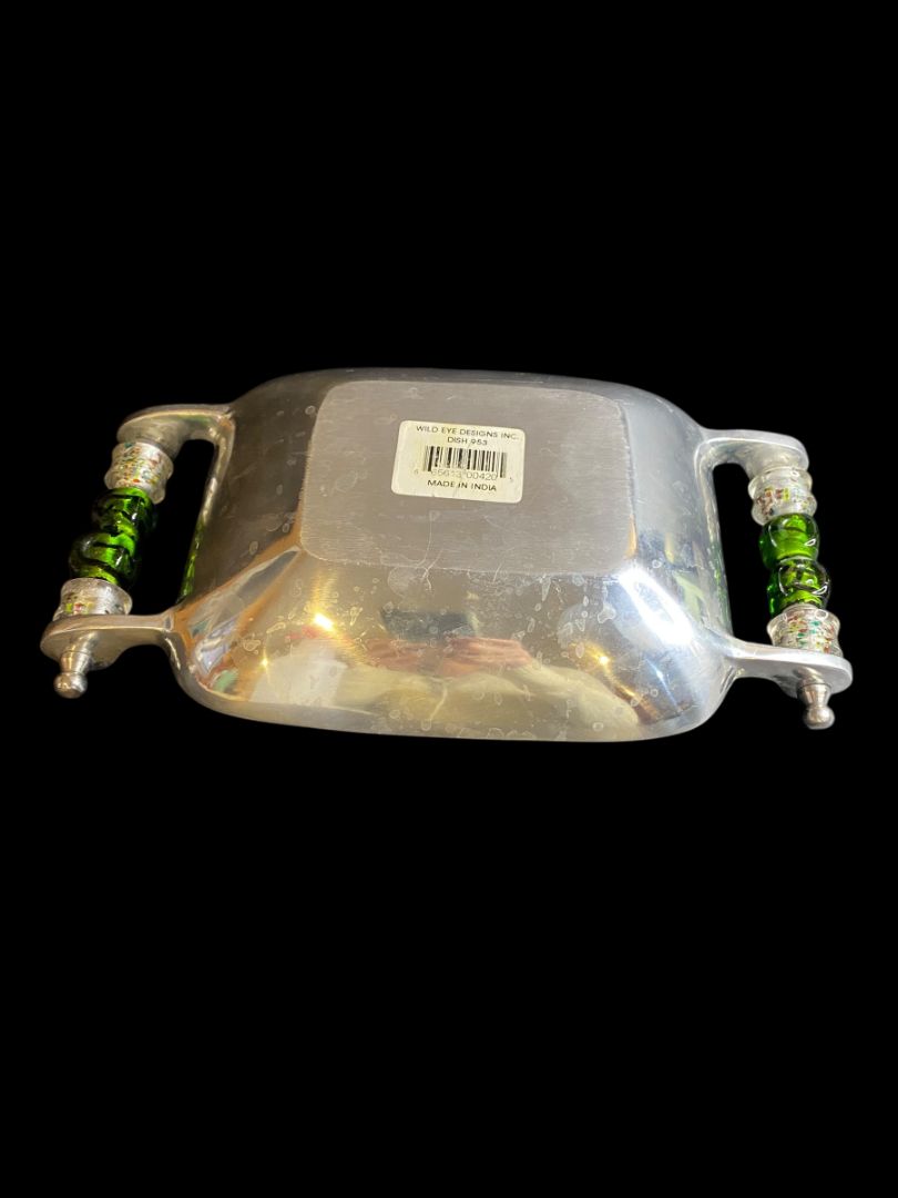 Wild Eye Designs Metal Serving Dish Small Green Bead Handles