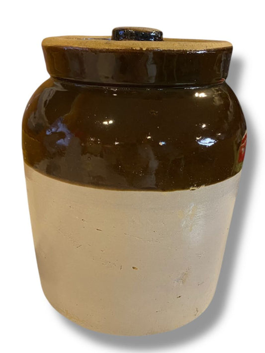 Vintage Stoneware Lidded Crock  Two Tone Brown Farmhouse Rustic Decor