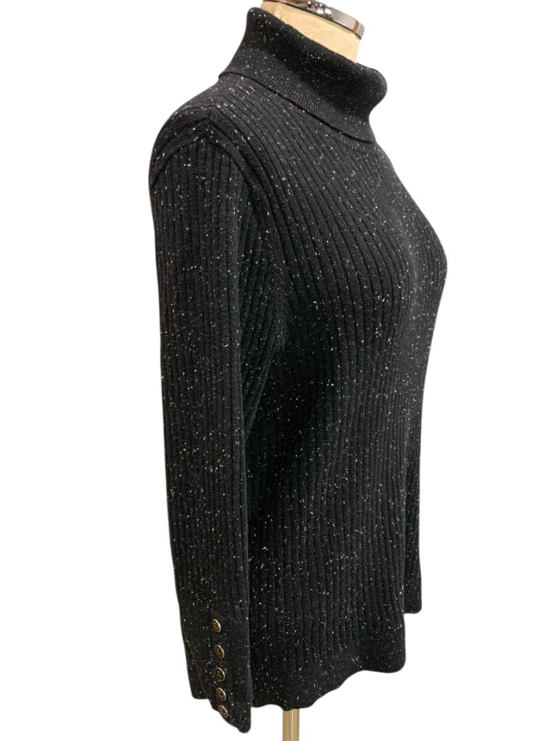 Size 1X Talbots Woman Black Flecked Turtleneck Sweater Ribbed Knit