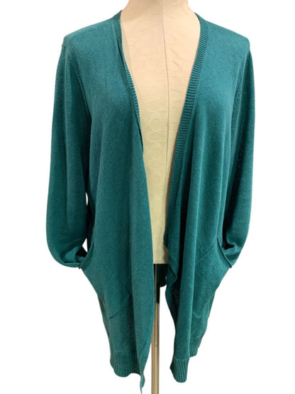 Large Eileen Fisher Womens Linen Teal Cardigan Sweater Pockets Open