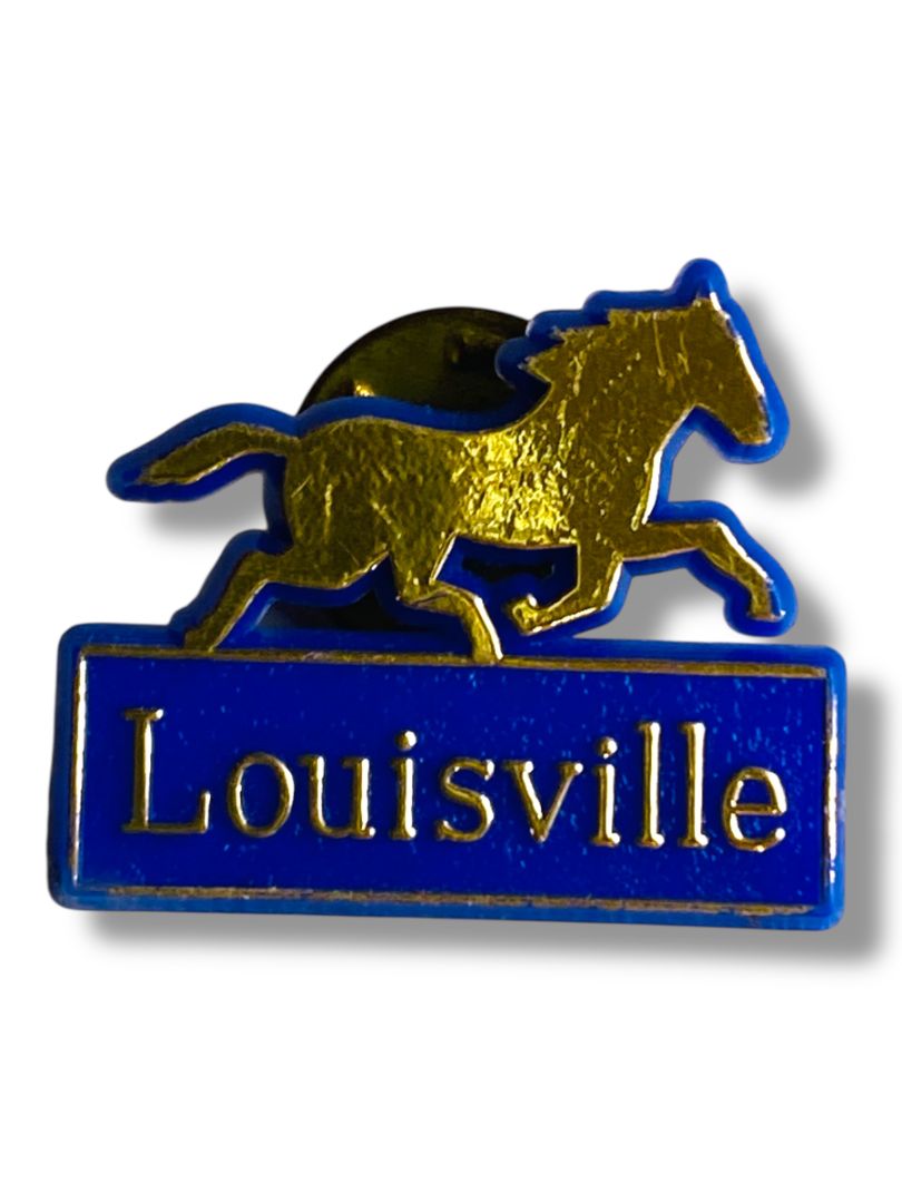 Vintage Louisville Lapel Pin Blue and Goldtone Plastic Horse 1" Kentucky