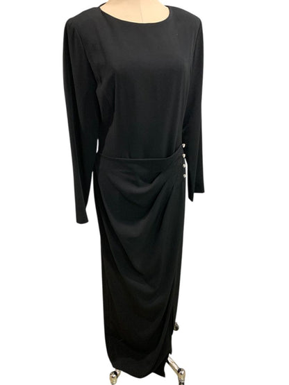 Size 10 Evan Picone Evening Dress Black Long 1990s Rhinestone Decorative Buttons