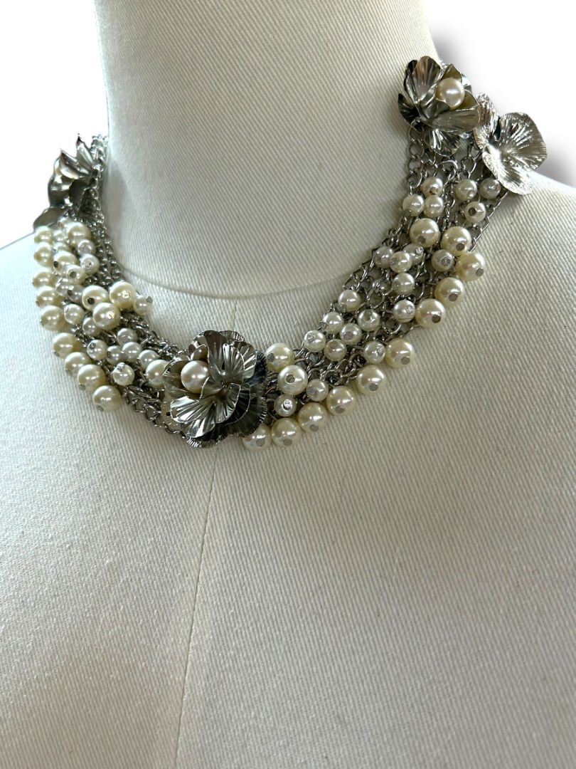 New Silvertone and Faux Pearl Statement Necklace Multistrand 17" + 2" Extender