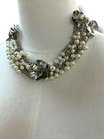 New Silvertone and Faux Pearl Statement Necklace Multistrand 17" + 2" Extender