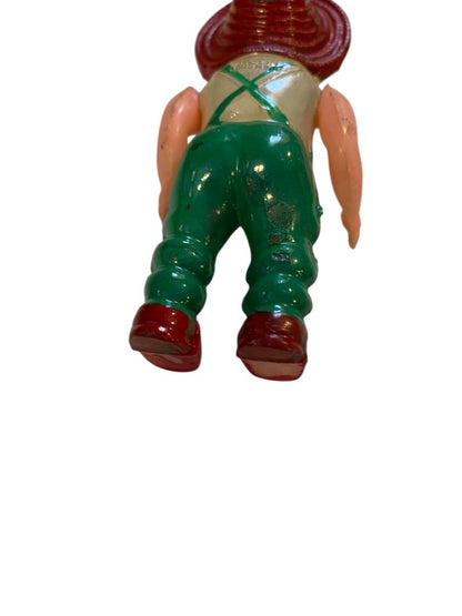 1950s Celluloid Farm Boy Doll Sleep Wake Eyes 4" Green Overalls