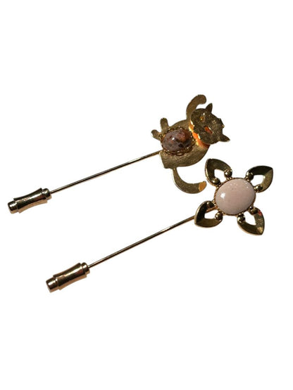 Goldtone Stick Pins Set of 2 Cat Flower Pink Stone 2.25"