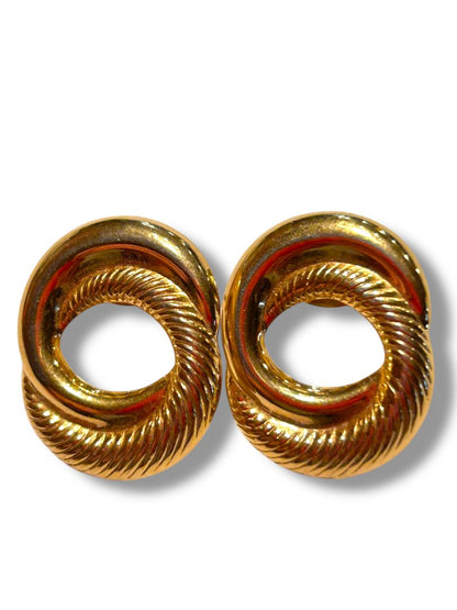 Goldtone Post Pierced Earrings Circle Design Smooth Textured 1" Diameter