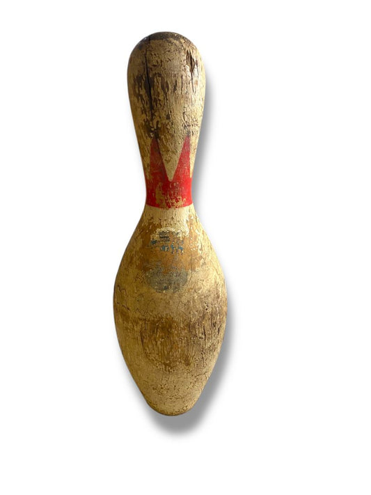 1950s Brunswick Balke Collender King Red Crown Bowling Pin 15.5" Turned Wood Chippy