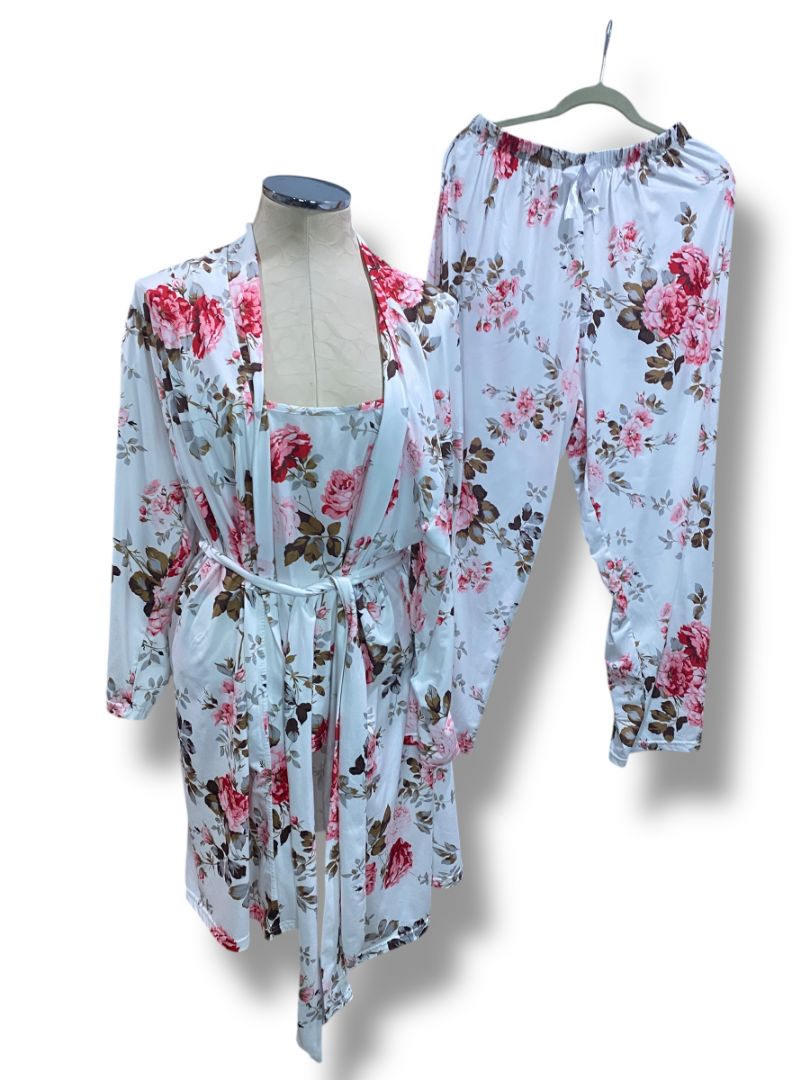 Size 1XL Womens 3 Piece Pajama Set Cami Robe Pants White Rose Print Soft