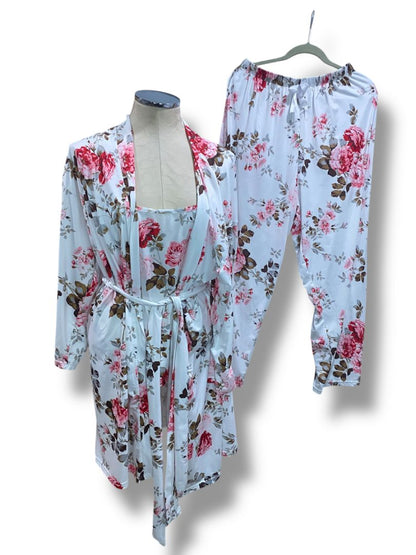 Size 1XL Womens 3 Piece Pajama Set Cami Robe Pants White Rose Print Soft