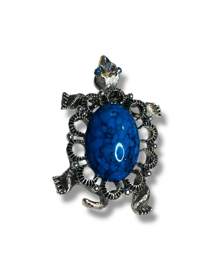 Vintage Signed Gerrys Brooch Pin Turtle Silvertone Turquoise Pendant 2.1"