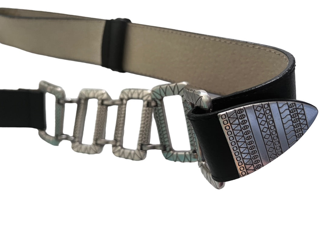 Chico's Black Leather Silver Chain Link Adjustable Slide Belt